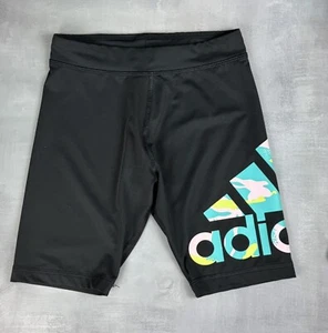Adidas Girls Shorts Black Stretch Spellout Elastic Waist M 10/12 0026 - Picture 1 of 5