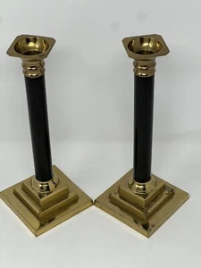 Pair Of Vintage French Brass And Black Candle Stick Holders Classic Design - Picture 1 of 12