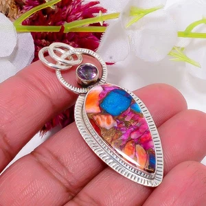 Crystal Quartz & Rainbow Mystic Fire Topaz 925 Sterling Silver Pendant 2.18" S30 - Picture 1 of 3
