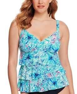 Swim Solutions Women's Printed Tiered Tankini Top (Blue, 8) - Picture 1 of 2