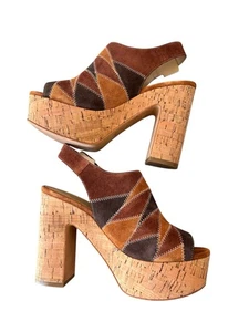 Leather Brown Patchwork Chunky Platform Cork Heel Sandals Festival Hippie Boho 7 - Picture 1 of 11