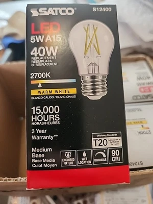 Satco S12400 LED Filament 120V 5W A15 Medium E26 Clear 3000K warm White 4 pack - Image 1 of 3