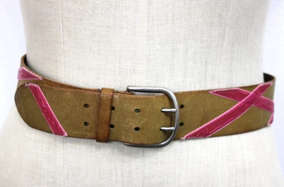 Linea Pelle Leather Belt M Brown Leather & Pink Velvet Cottage Brass Buckles - Image 1 of 4