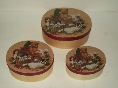 Набор из 3 овальных деревянных ящиков для гнездования ~ животные ~ медведь/собака/кошки/гуси/ягненок/красная птица и корова - Изображение 1 из 4