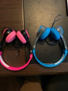 Two JLab JBuddies Wired Folding Kids Pink & Blue Headphones Ages 2-8 Compact