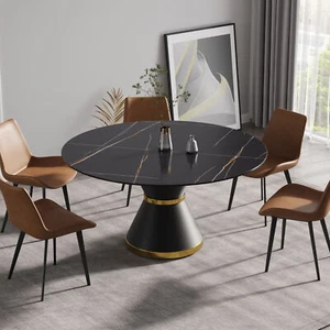 59" Modern Round Dining Table Black Artificial Stone Top W/ Carbon Steel Base US - Picture 1 of 9