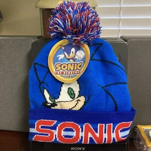 NWT Sonic The Hedgehog Sega Cuffed Hat Knit Winter Pom Beanie Blue - Picture 1 of 6