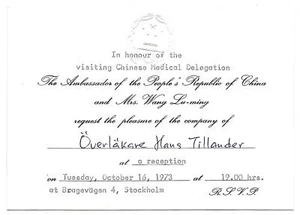 Einladung Botschafter Wang Luming Republik China Schweden 1973 Ärztedelegation - Bild 1 von 1