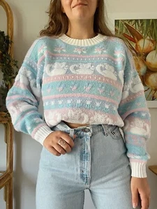 Vintage Rose Pullover Damen M Pastell Glitzer Katze Fair Isle Fairy Kei Kawaii - Bild 1 von 8