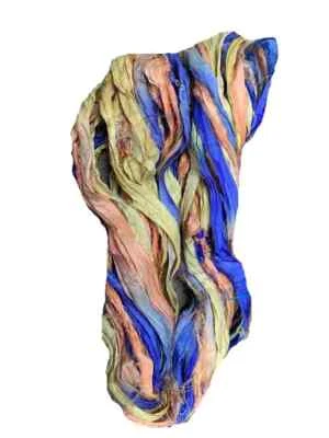 Recycled Sari Silk Ribbon Yarn - Yellow, Orange, Green - 50 GMS - Boho Ribbon - Image 1 of 4