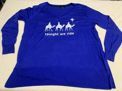 “Tonight We Ride” Women’s Apt.9 Blue VNeck Sweater Size XL Nativity 3 Kings New - Image 1 of 4