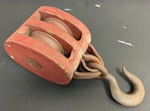 Vintage Red Painted Wood Block & Tackle - Picture 1 of 12