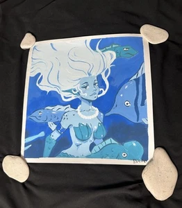 Blaue melancholische gefrorene kleine Meerjungfrau Original Gouache Gemälde 12" Meer signiert - Bild 1 von 10
