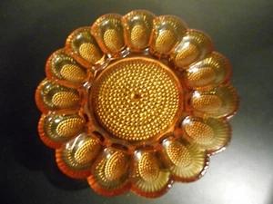 Vtg Amber Carnival Cut Glass Hobnail Deviled Egg Oyster Plate Cottage Core - Picture 1 of 3