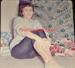 Original Vintage Photo Slide Mature Woman Legs Feet Silver Christmas Tree 50s - Picture 1 of 1