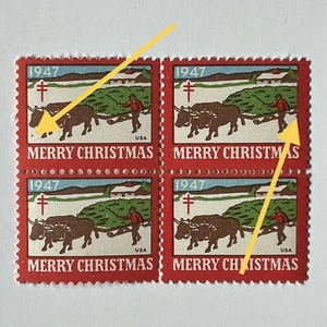 ERROR 1947 CHRISTMAS SEAL BLOCK WITH BLACK MARKS MNH - Picture 1 of 5