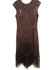 Vestido estilo Gatsby Flapper años 20 cuentas negras lentejuelas flecos gorra slvs ART DECO L - Imagen 1 de 12