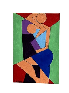 Figuras abstractas abrazándose con mujer en falda corta pintura al óleo - Imagen 1 de 6