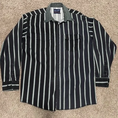 VTG Wrangler Shirt Men XLT Black Brushpopper Striped Faded Distress X-Long Tails - Image 1 of 4