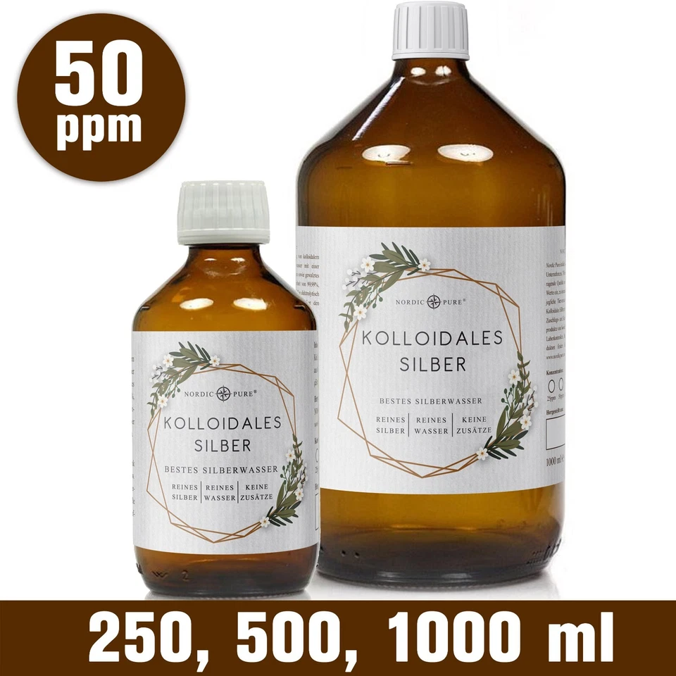 NORDIC PURE Kolloidales Silber (Silberwasser), 50 ppm in Apotheker-Glasflasche (250-1000 ml)