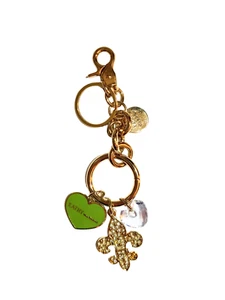 Kathy Van Zeeland Gold Bag Charm Key Ring Keychain Fleur De Lis Heart - Picture 1 of 2