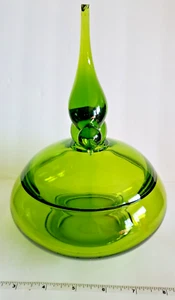 1960's MCM Viking Glass Green Epic Tail Bird Covered Candy Dish - Picture 1 of 9