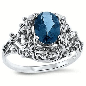 GENUINE 1.5 Ct LONDON BLUE TOPAZ 925 STERLING SILVER ANTIQUE STYLE RING     144X - Picture 1 of 13