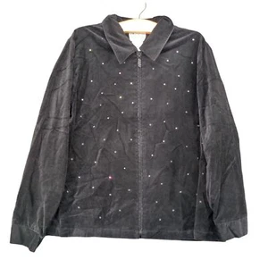 The Quacker Factory Full Zip Jacket Womens L Black Rhinestone Velour / Velvet - Picture 1 of 11