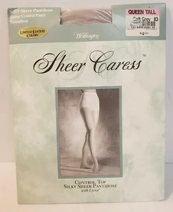 2 Worthington Sheer Caress Control Top Pantihose Q Tall Bone~Soft Grey Sandalfoo - Picture 1 of 4
