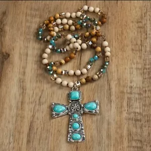 Collana croce boema artigianale annodata vetro pietra naturale multicolore 6 mm - Foto 1 di 4