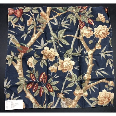 Lee Jofa Fabric CEYLON Indigo Blue Linen Birds Floral New Remnant Navy Tan - Image 1 of 4