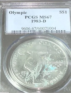 1983-D US Mint Olympic Silver Commemorative $1 MS67 PCGS 24g Ag Only 174k Minted - Picture 1 of 4