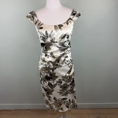 Vestido de cóctel London Times crema y negro floral satinado acanalado midi talla 8 Foto 1 de 4