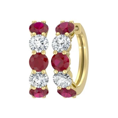 Natural Ruby & Lab Grown Diamond 14K Yellow Gold Hoop Earrings 2.13gm - Image 1 of 4
