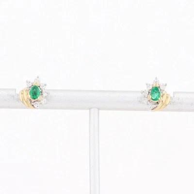 .41ctw Pear Shaped Emerald and Diamond Stud Pair Earrings 14k Multi-Tone Gold - Image 1 of 4