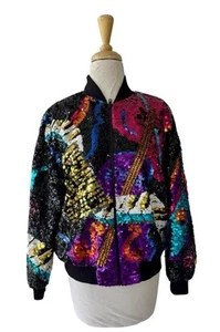 Vtg IB Diffusion Sequin Bomber Jacket Music Theme Sz M Colorful Silk 1990s - Picture 1 of 6