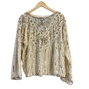 Vtg Bullocks Wilshire Size Large Ivory 100% Silk Hand Beaded Sequin Top - Picture 1 of 8