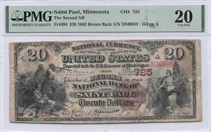 1882 $20 National Brown Back Bank Note *SAINT PAUL* MN Fr#494 PMG VF20 CH#725 - Picture 1 of 2