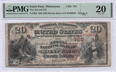 1882 $20 National Brown Back Bank Note *SAINT PAUL* MN Fr#494 PMG VF20 CH#725 - Image 1 of 2