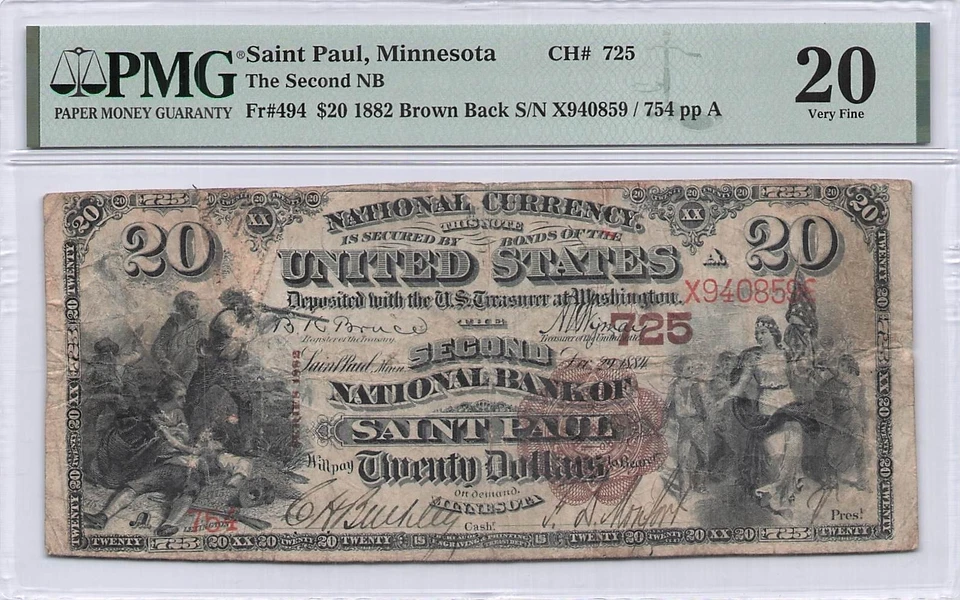 1882 $20 National Brown Back Bank Note *SAINT PAUL* MN Fr#494 PMG VF20 CH#725 - Image 1 of 2