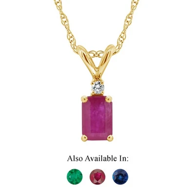 14K Yellow Gold 6x4mm Emerald Cut Natural Ruby Diamond Accent Pendant Necklace - Image 1 of 4