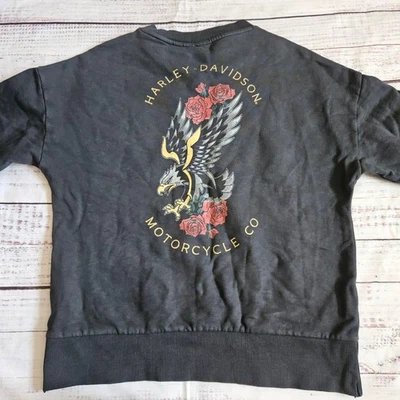 Harley Davidson Graphic Eagle Roses Embroidered Gray Crewneck Sweatshirt Small - Image 1 of 4