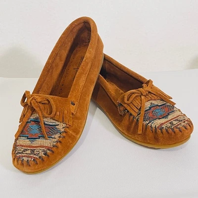 Mocasines mocasines de cuero marrón Minnetonka para mujer 8 flecos tejidos suroeste Foto 1 de 4