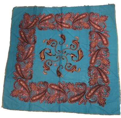 100% Virgin Wool Scarf Turquoise Hand Printed Paisley Shawl Japan 38" X 38" - Image 1 of 4