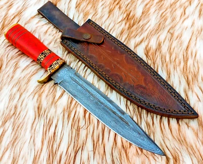 Cuchillo de caza de acero Damasco mango de piedra cuchillo Bowie y cuchillo de supervivencia con funda Foto 1 de 4