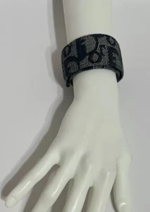 Vtg Christian Dior by John Galliano Blue Monogram Canvas Leather Slap Bracelet - Picture 1 of 8