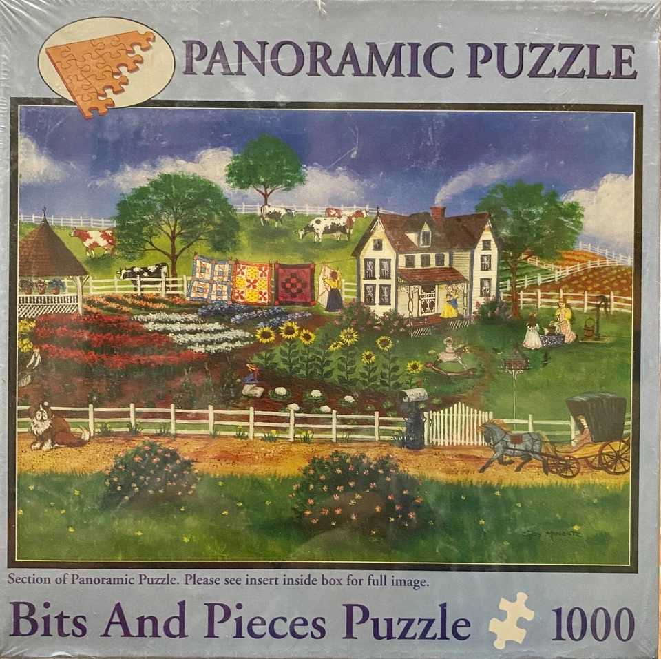 Summer View Cindy Mangutz 被子 Bits and Pieces PANORAMIC PUZZLE 13x38 复古 — 第 1/1 张图片