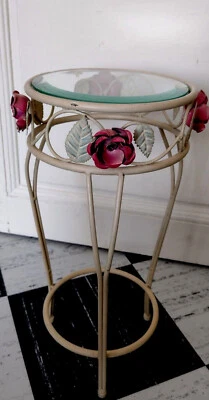 Mesa auxiliar/soporte para plantas vintage MidCentury FRANCESA redonda de vidrio en mal estado con rosas Foto 1 de 4