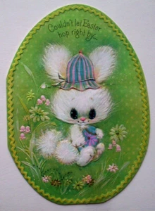 Hase mit Ei in Blumen geprägt Vintage Ostergrußkarte *JJ6 - Bild 1 von 3