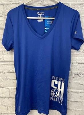 Champion NCAA SETON HALL PIRATES tee shirt women XL top blue vneck short slv NEW - Image 1 of 4